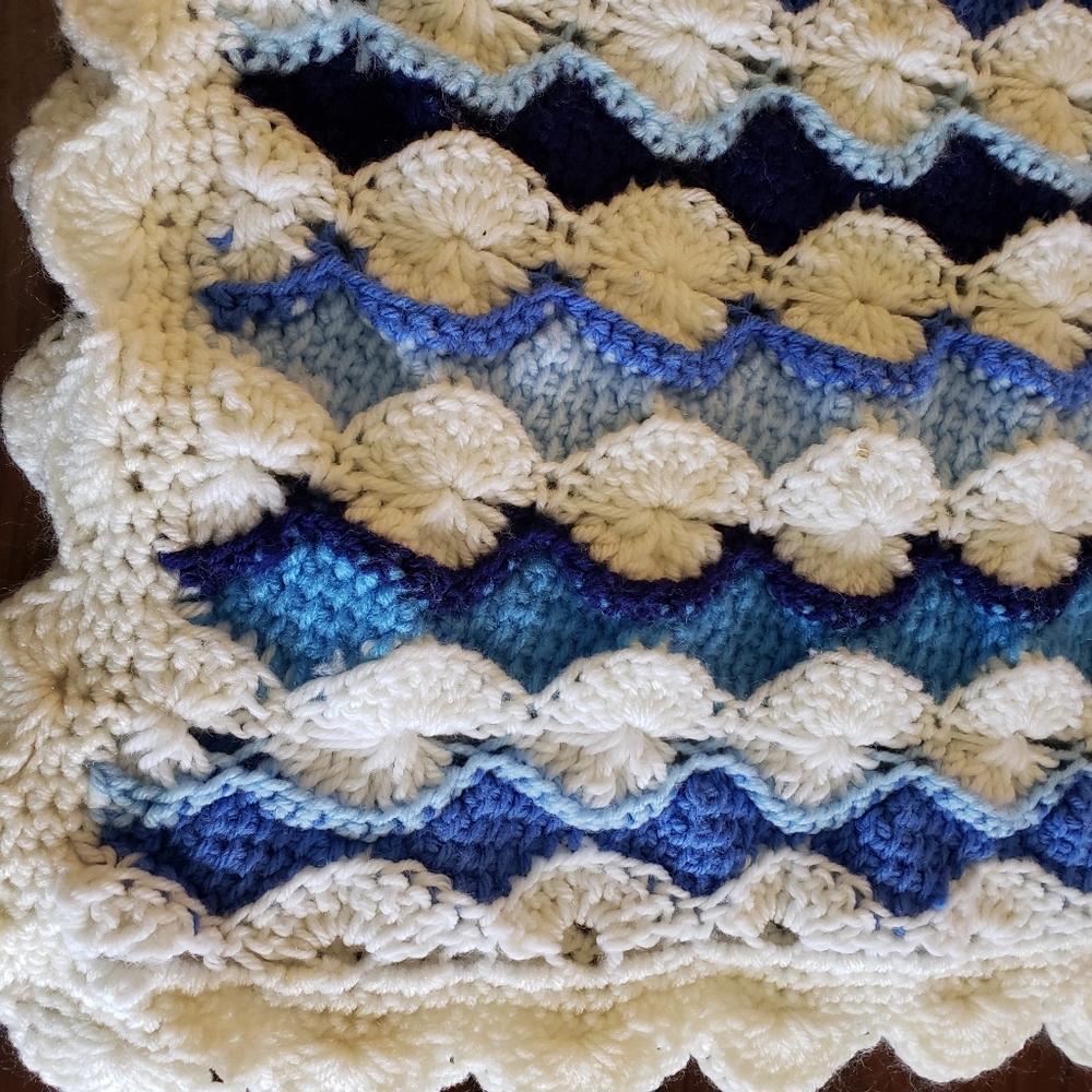 💙Beautiful One of A Kind Handmade Tunisian Crocheted Blues & White Blanket💙 - Picture 4 of 4